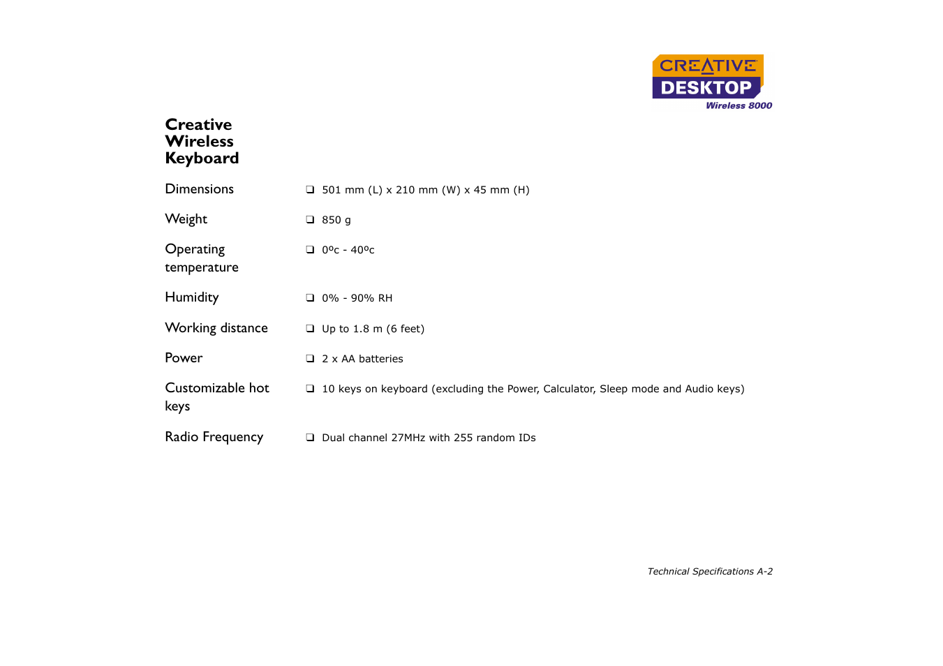 Creative wireless keyboard, Dimensions, Weight | Operating temperature, Humidity, Working distance, Power, Customizable hot keys, Radio frequency | CREATIVE Desktop Wireless 8000 User Manual | Page 32 / 37