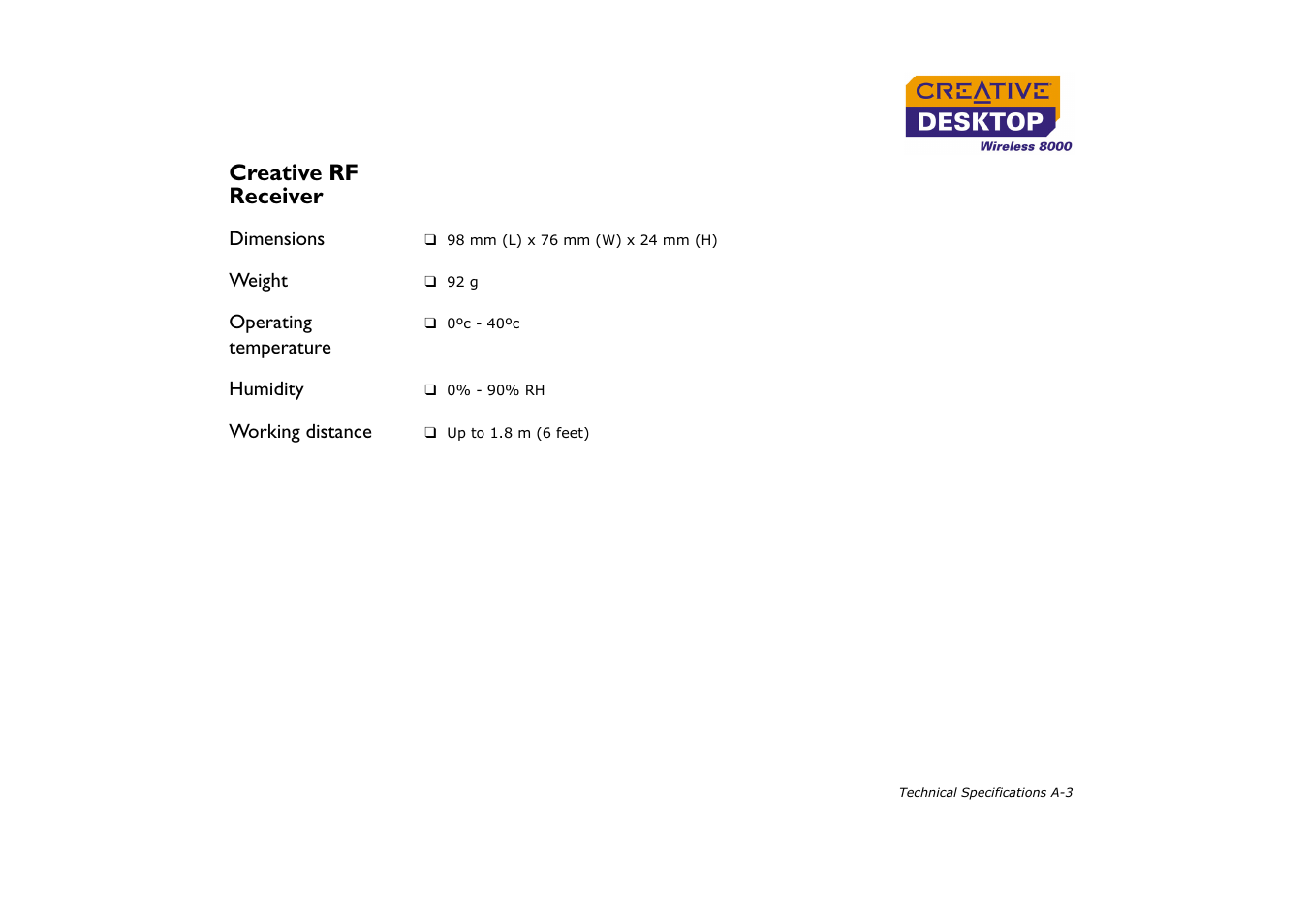 Creative rf receiver, Dimensions, Weight | Operating temperature, Humidity, Working distance | CREATIVE Desktop Wireless 8000 User Manual | Page 33 / 37