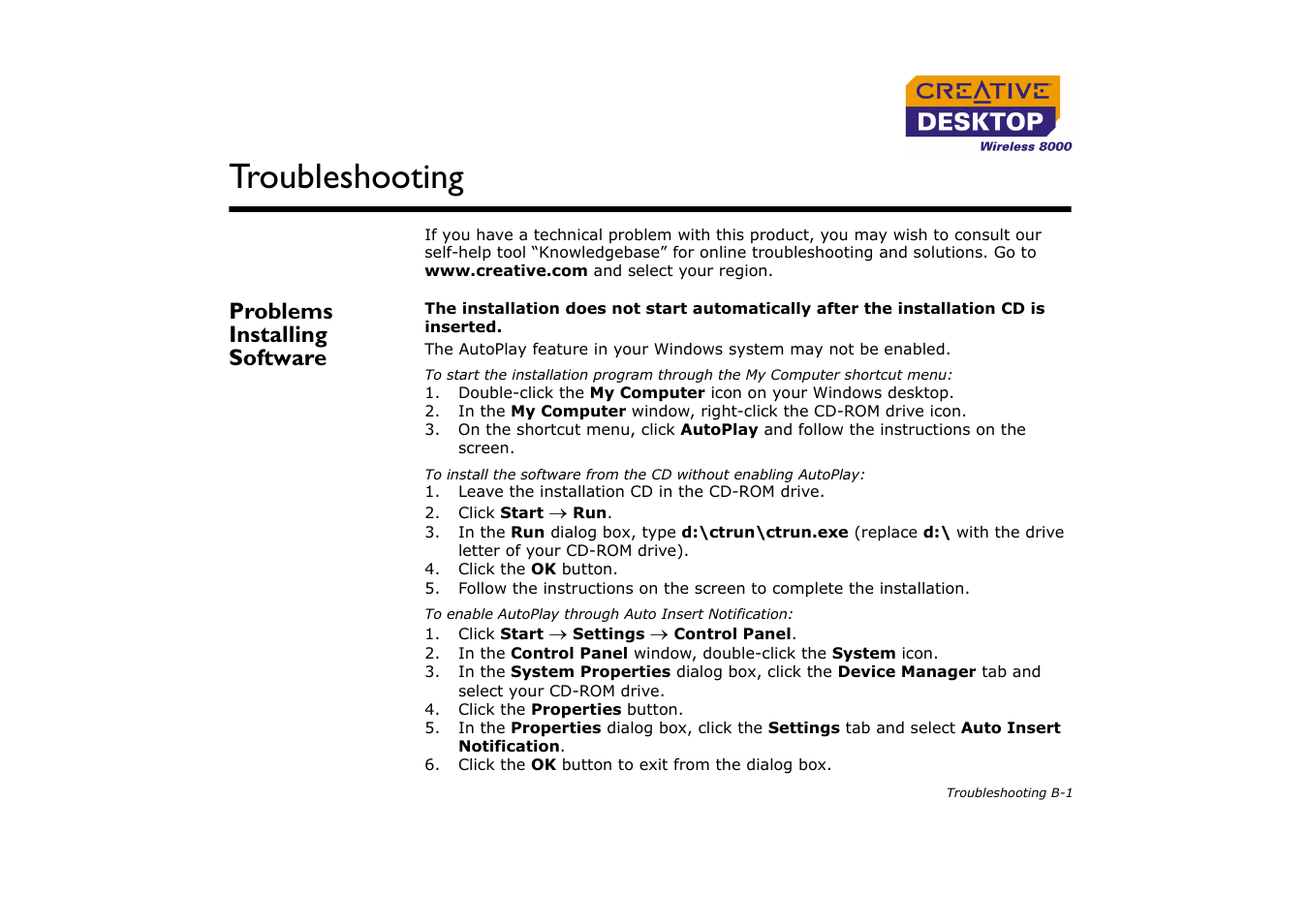 Problems installing software, Troubleshooting | CREATIVE Desktop Wireless 8000 User Manual | Page 35 / 37