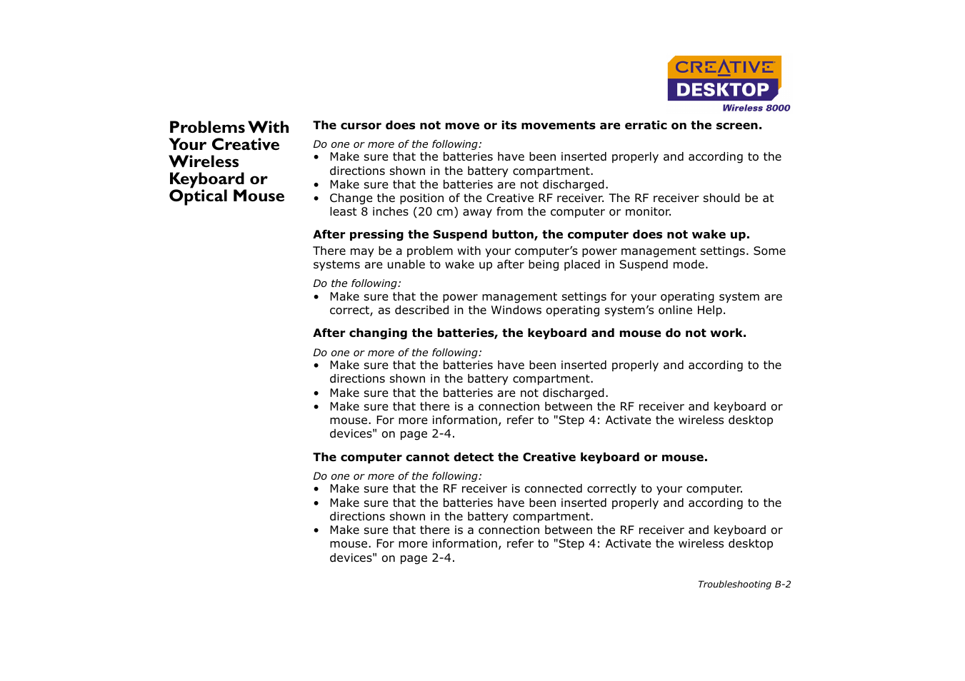 Problems with your creative | CREATIVE Desktop Wireless 8000 User Manual | Page 36 / 37