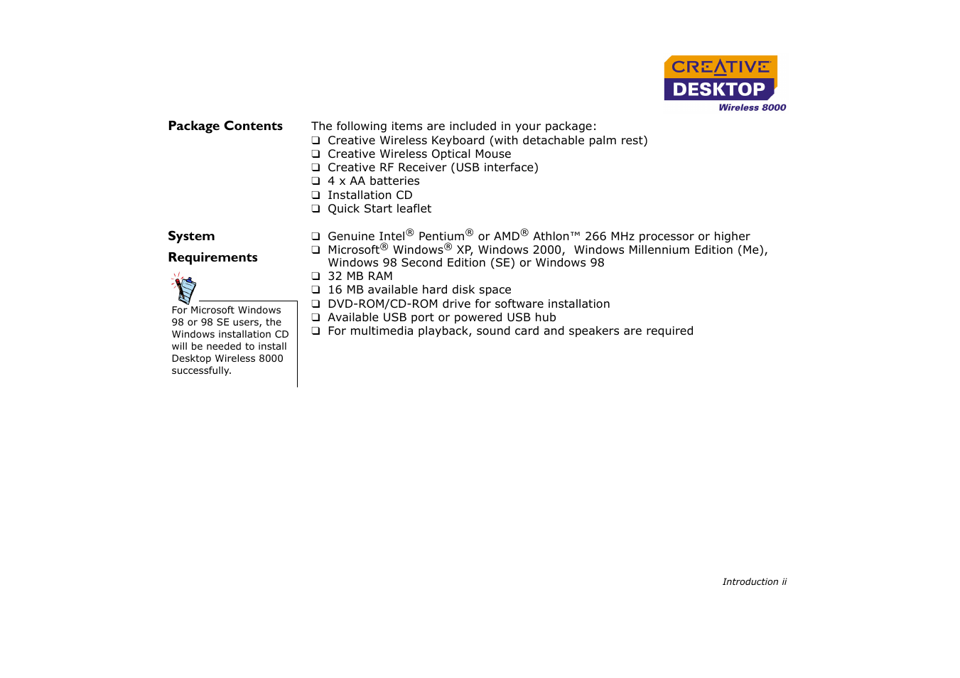 Package contents, System requirements | CREATIVE Desktop Wireless 8000 User Manual | Page 8 / 37