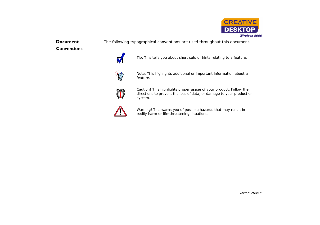 Document conventions | CREATIVE Desktop Wireless 8000 User Manual | Page 9 / 37