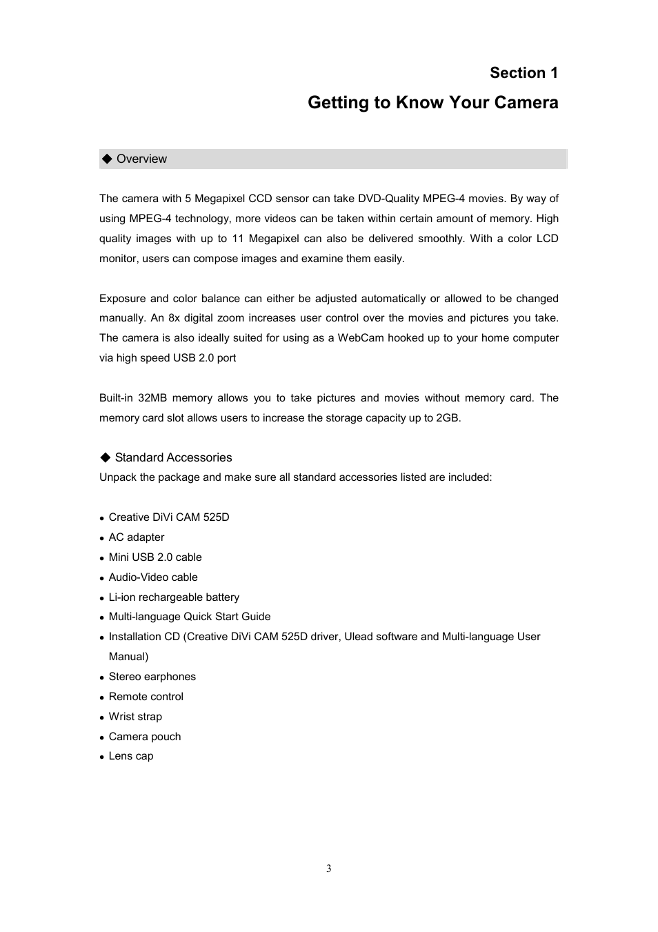 Getting to know your camera | CREATIVE DiVi CAM 525D 525D User Manual | Page 4 / 61