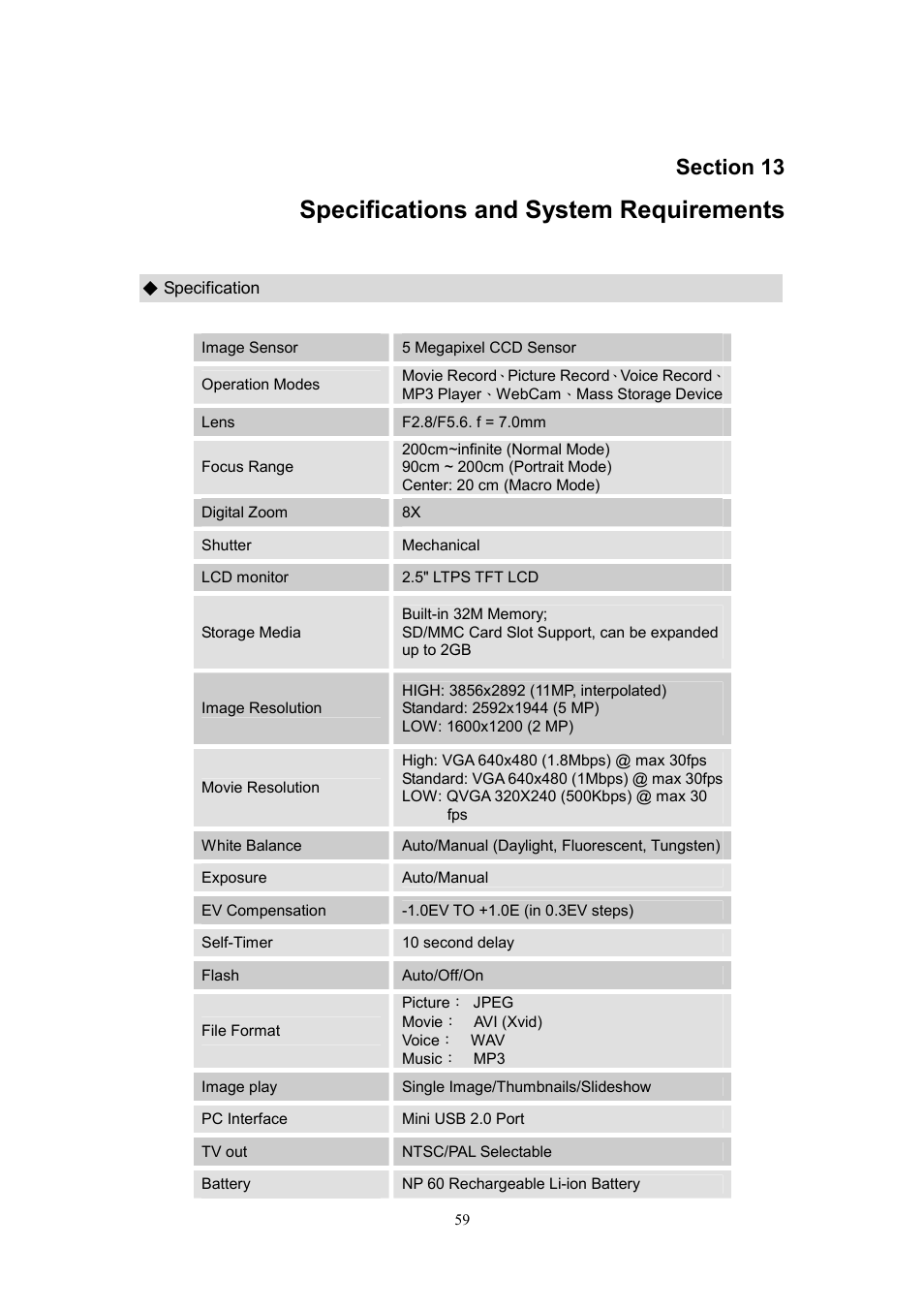 Specifications and system requirements | CREATIVE DiVi CAM 525D 525D User Manual | Page 60 / 61