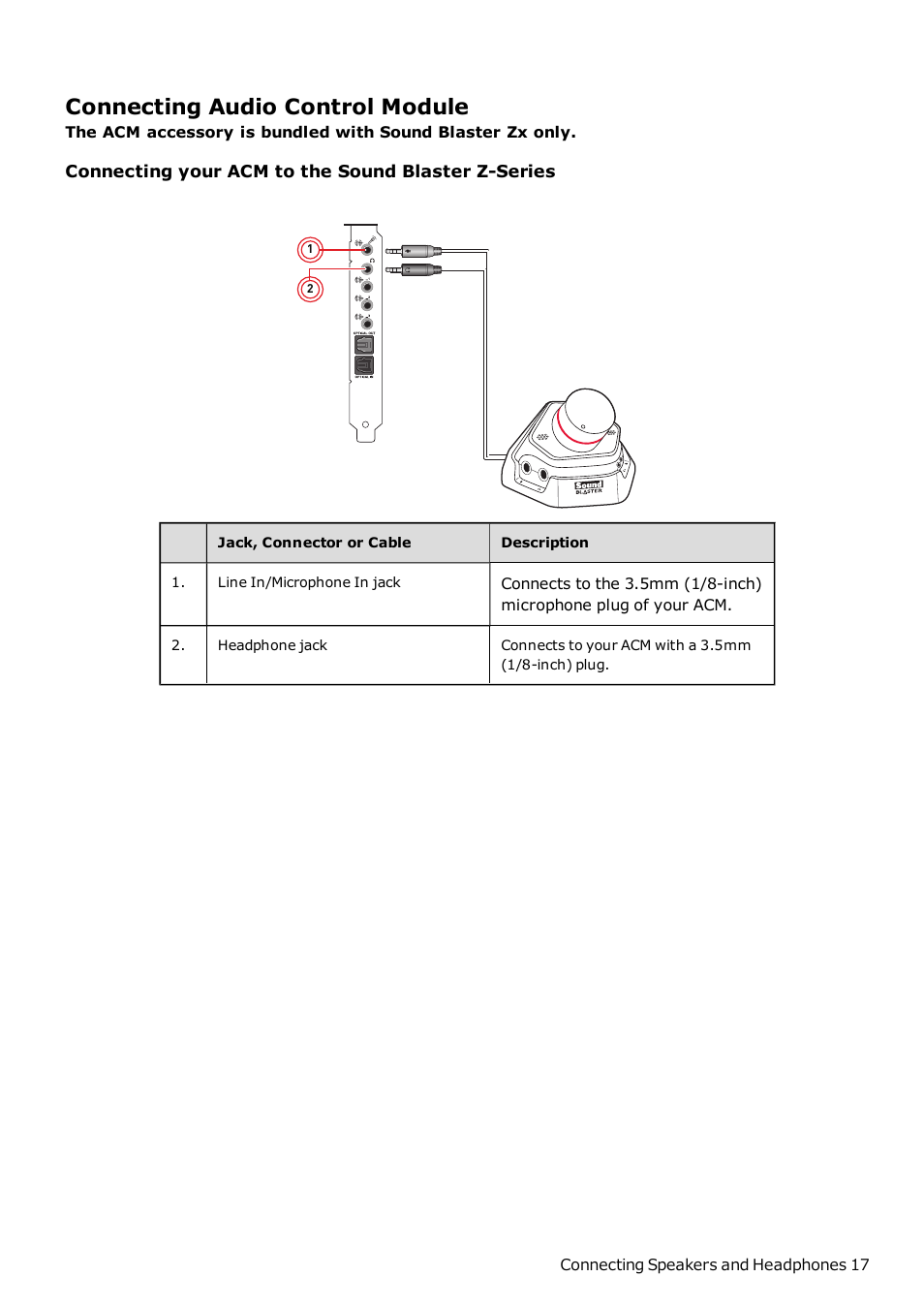 Connecting audio control module, Connecting your acm to the sound blaster z-series | CREATIVE Sound Blaster Z SB1500 User Manual | Page 18 / 49