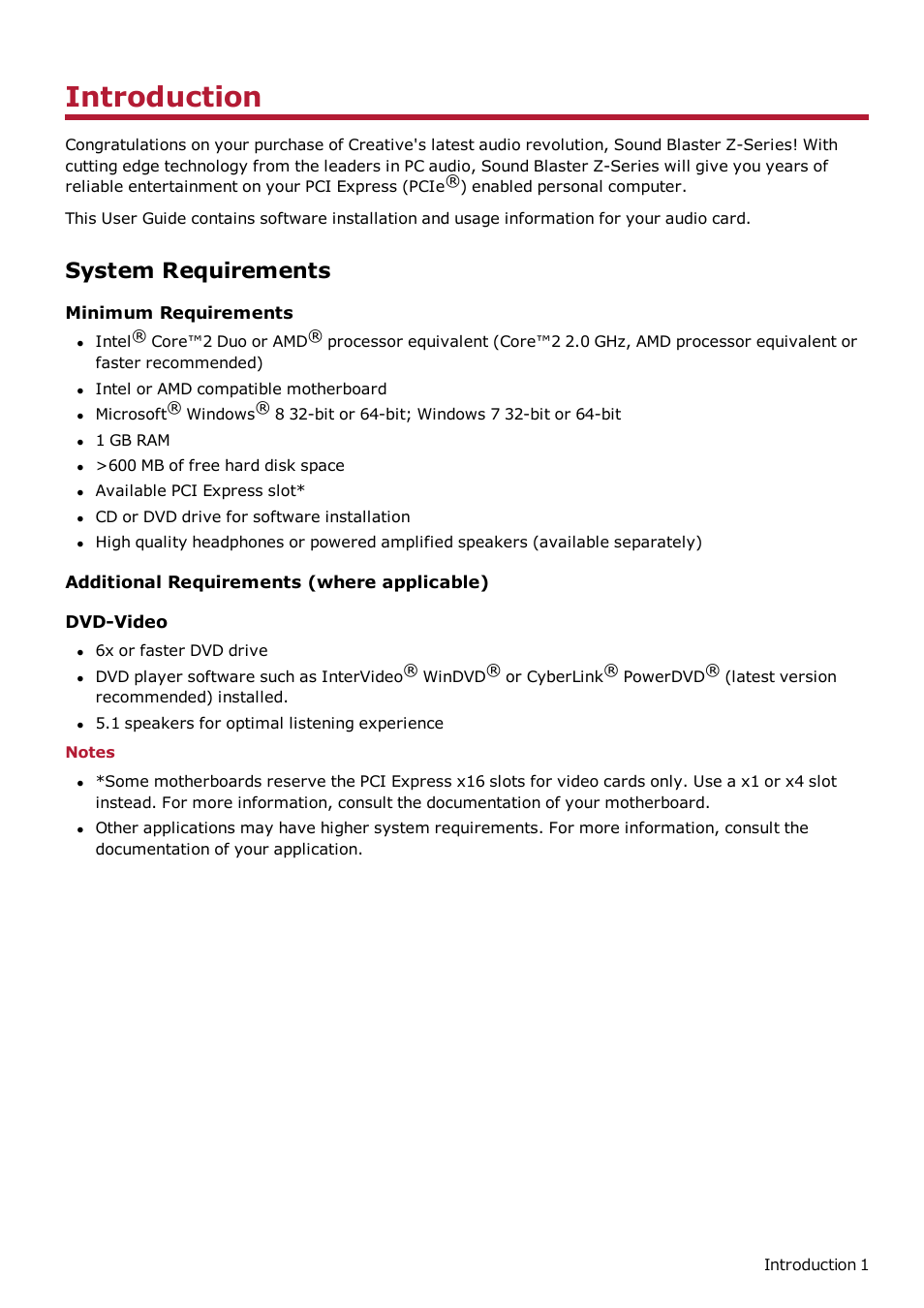 Introduction, System requirements, Minimum requirements | Additional requirements (where applicable) | CREATIVE Sound Blaster Z SB1500 User Manual | Page 2 / 49