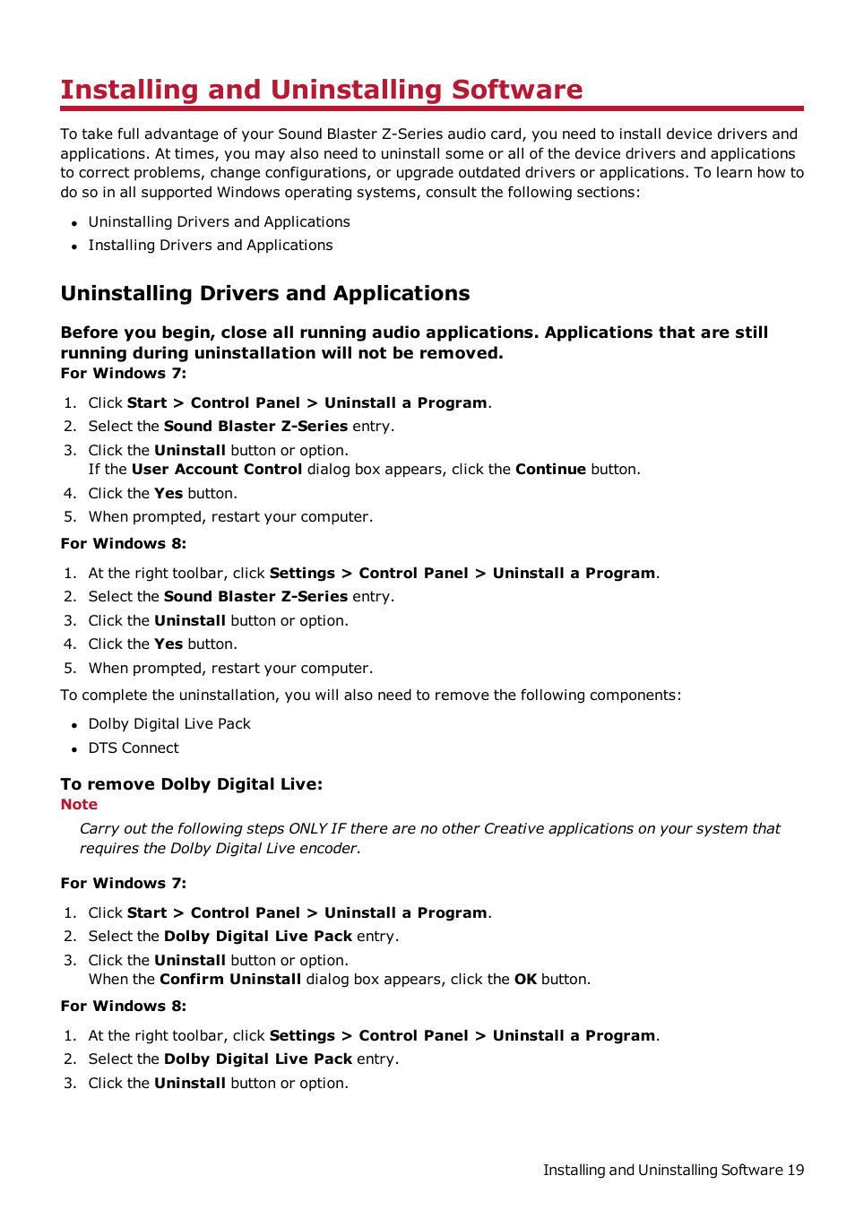 Installing and uninstalling software, Uninstalling drivers and applications | CREATIVE Sound Blaster Z SB1500 User Manual | Page 20 / 49