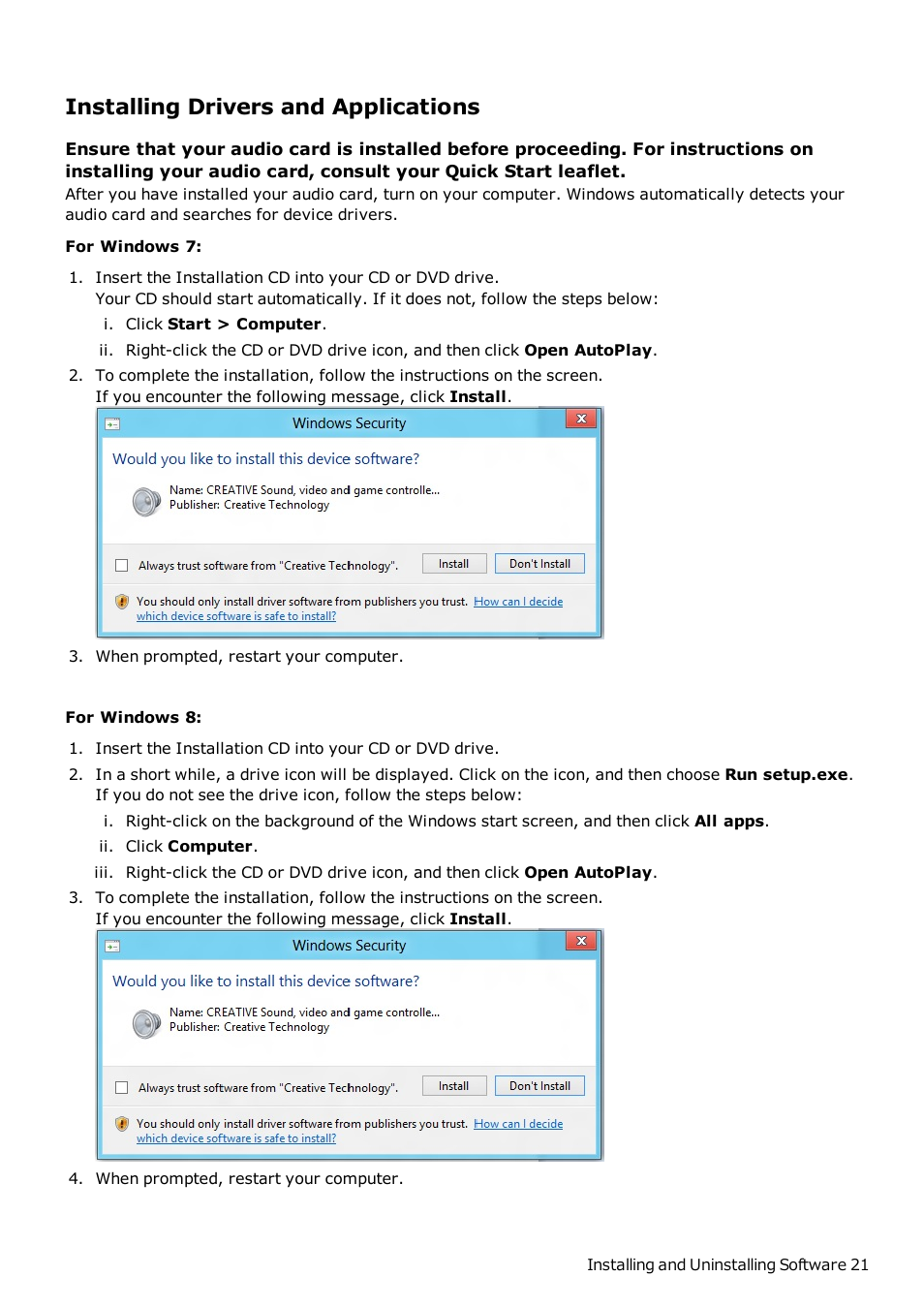 Installing drivers and applications | CREATIVE Sound Blaster Z SB1500 User Manual | Page 22 / 49