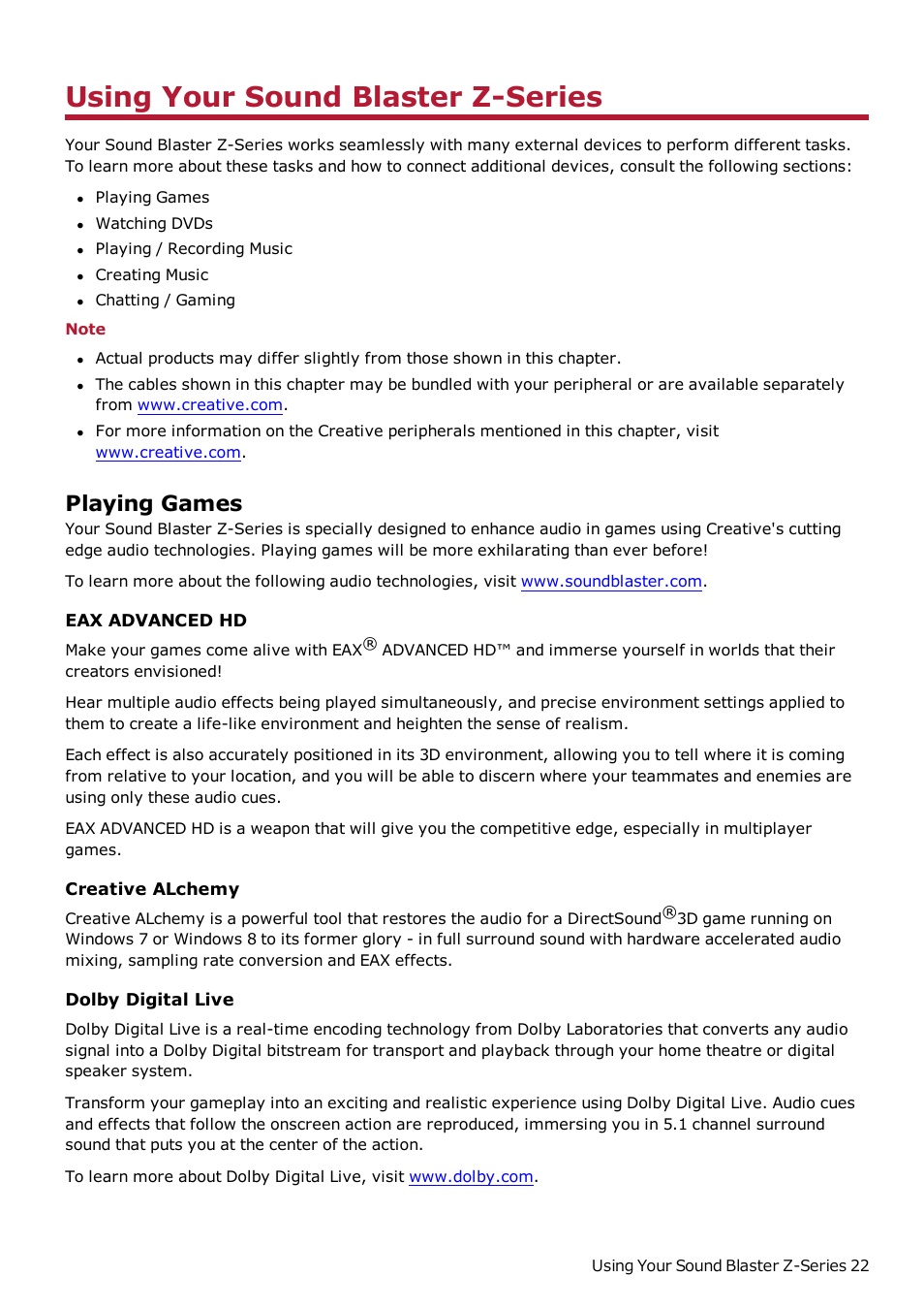 Using your sound blaster z-series, Playing games, Eax advanced hd | Creative alchemy, Dolby digital live | CREATIVE Sound Blaster Z SB1500 User Manual | Page 23 / 49