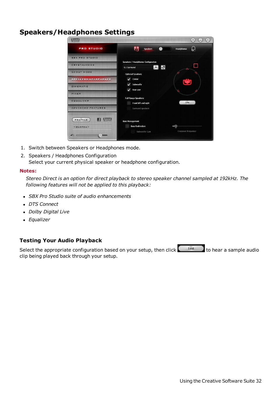 Speakers/headphones settings | CREATIVE Sound Blaster Z SB1500 User Manual | Page 33 / 49