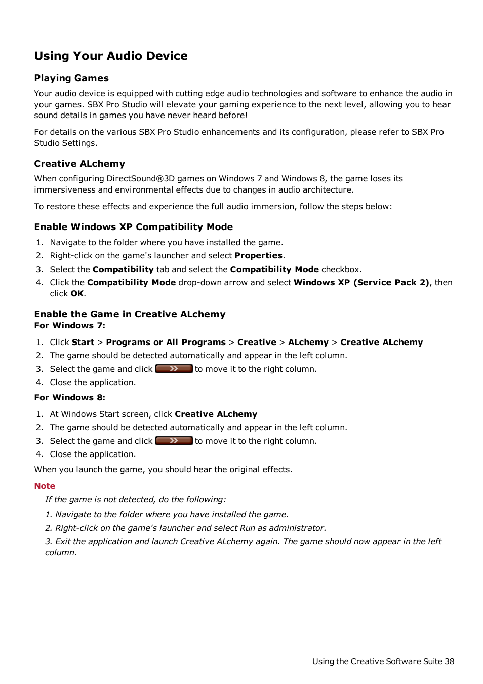 Using your audio device, Playing games, Creative alchemy | CREATIVE Sound Blaster Z SB1500 User Manual | Page 39 / 49