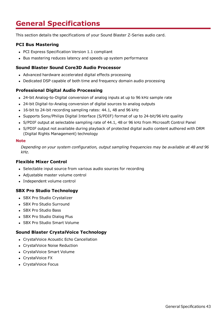 General specifications, Pci bus mastering, Sound blaster sound core3d audio processor | Professional digital audio processing, Flexible mixer control, Sbx pro studio technology, Sound blaster crystalvoice technology | CREATIVE Sound Blaster Z SB1500 User Manual | Page 44 / 49
