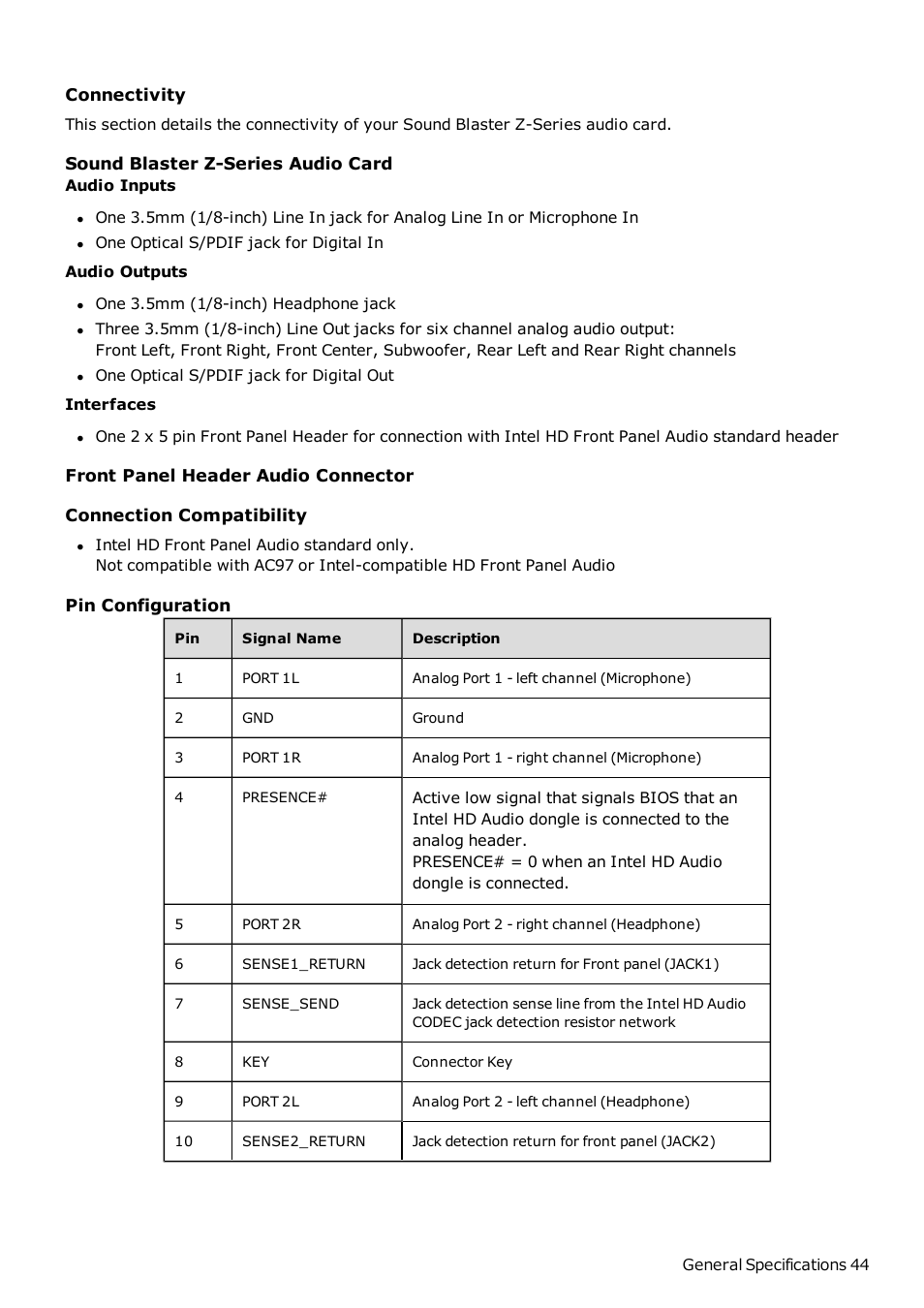 Connectivity, Front panel header audio connector | CREATIVE Sound Blaster Z SB1500 User Manual | Page 45 / 49