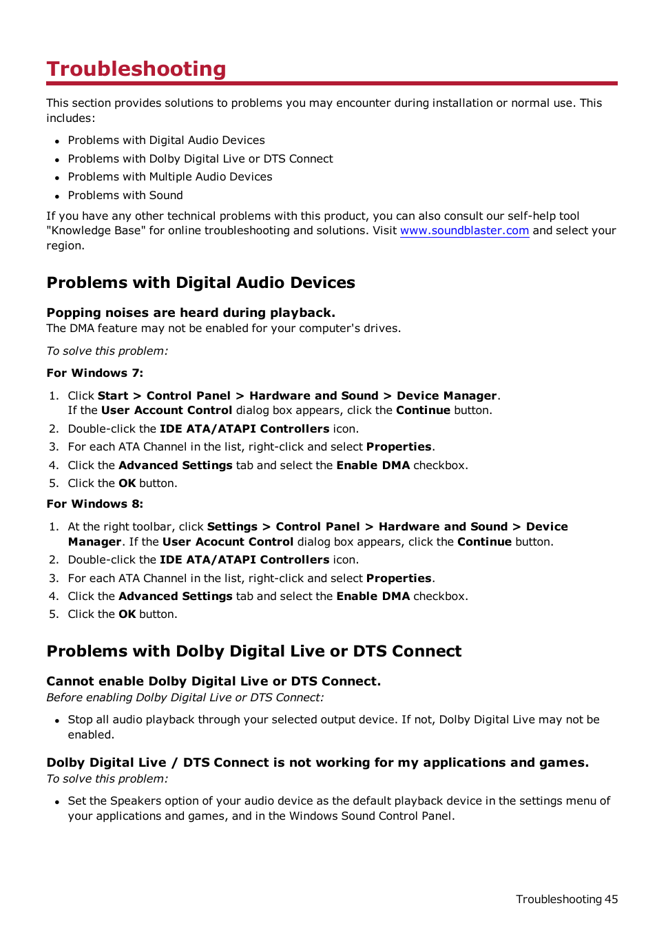 Troubleshooting, Problems with digital audio devices, Problems with dolby digital live or dts connect | CREATIVE Sound Blaster Z SB1500 User Manual | Page 46 / 49