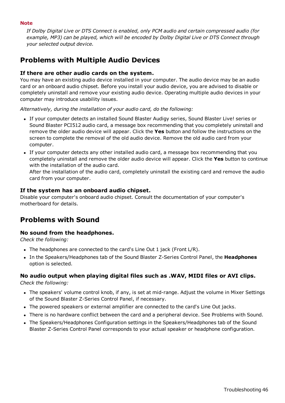 Problems with multiple audio devices, Problems with sound | CREATIVE Sound Blaster Z SB1500 User Manual | Page 47 / 49