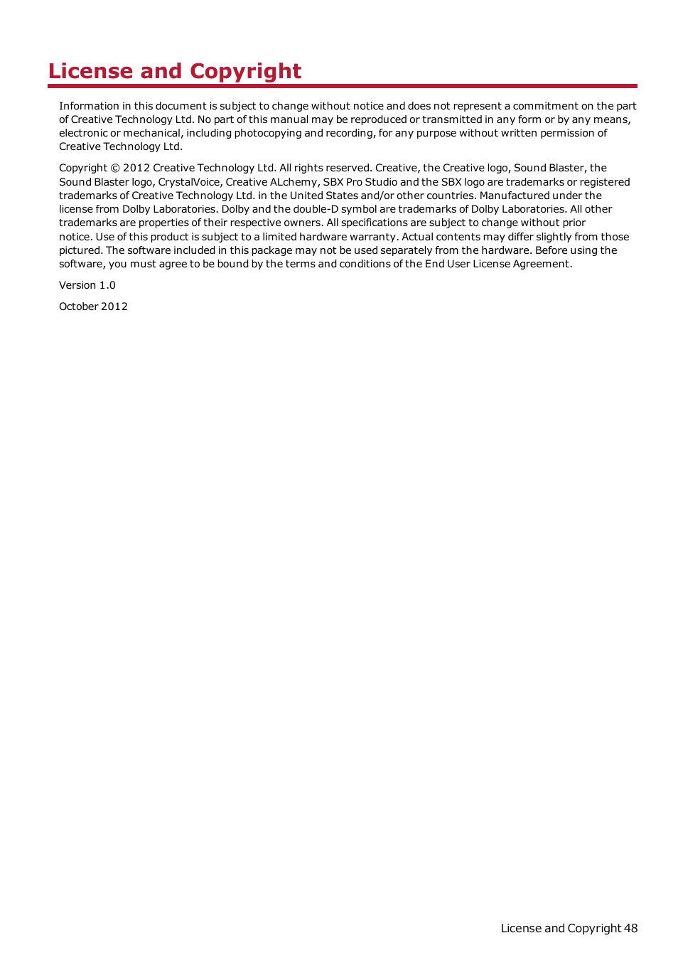 License and copyright | CREATIVE Sound Blaster Z SB1500 User Manual | Page 49 / 49