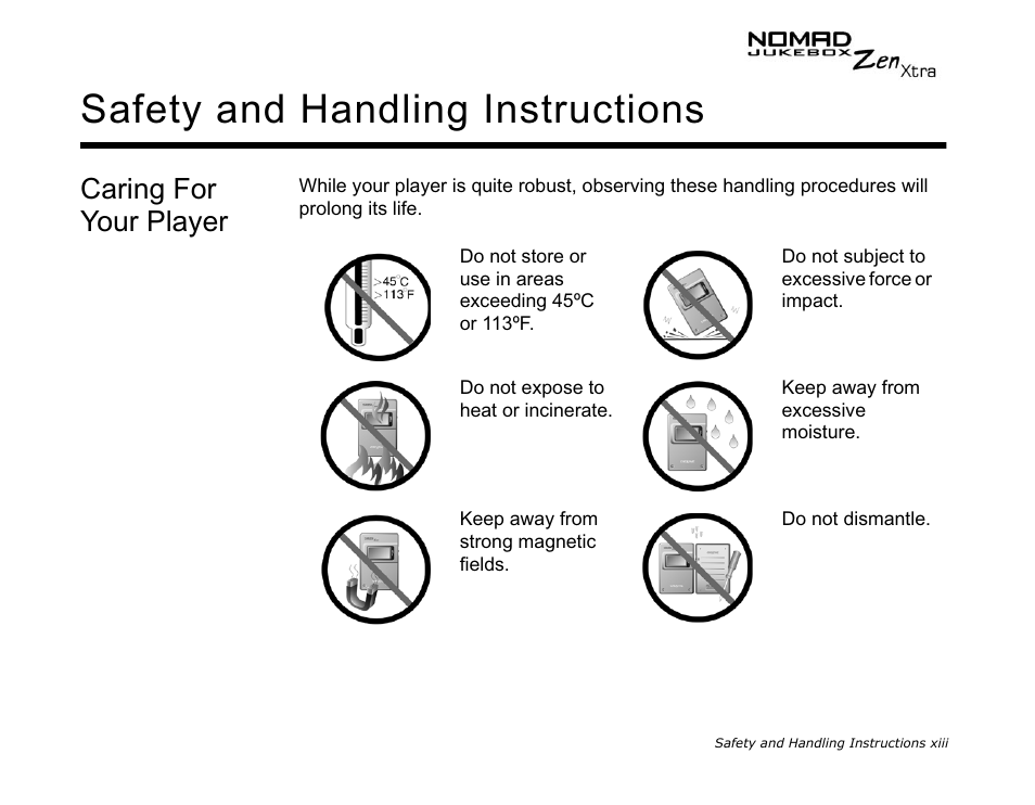 Caring for your player, Safety and handling instructions | CREATIVE NOMAD Zen XTRA User Manual | Page 10 / 106