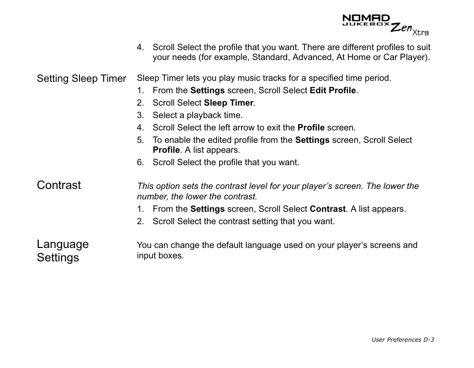 Contrast, Language settings, Setting sleep timer | CREATIVE NOMAD Zen XTRA User Manual | Page 101 / 106