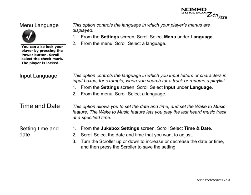 Time and date, Menu language, Input language | Setting time and date | CREATIVE NOMAD Zen XTRA User Manual | Page 102 / 106