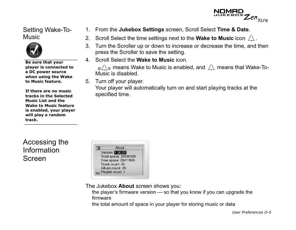 Accessing the information screen, Setting wake-to-music, Setting wake-to- music | CREATIVE NOMAD Zen XTRA User Manual | Page 103 / 106