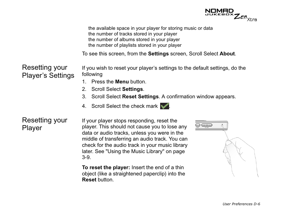 Resetting your player’s settings, Resetting your player | CREATIVE NOMAD Zen XTRA User Manual | Page 104 / 106