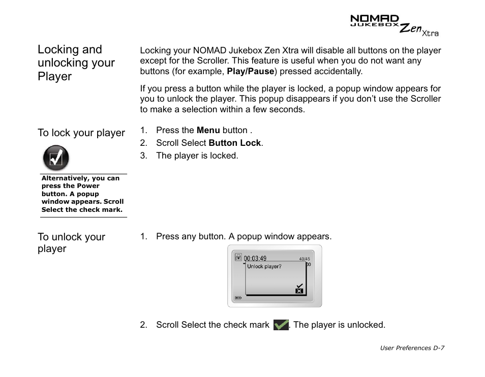 Locking and unlocking your player, To lock your player, To unlock your player | CREATIVE NOMAD Zen XTRA User Manual | Page 105 / 106