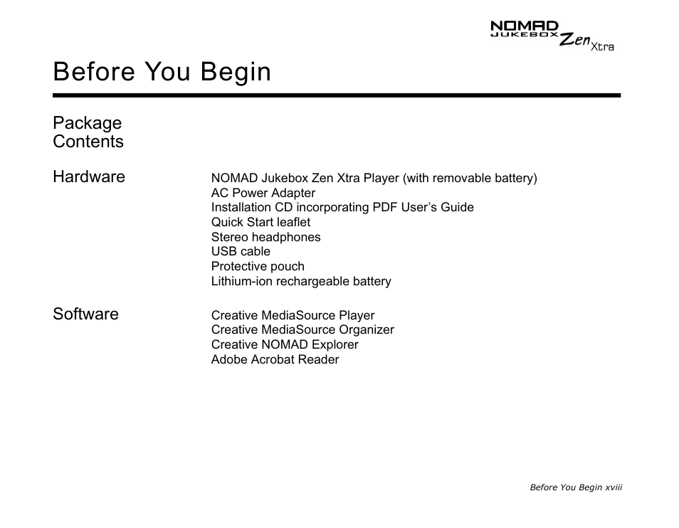 Package contents, Hardware, Software | Before you begin | CREATIVE NOMAD Zen XTRA User Manual | Page 15 / 106
