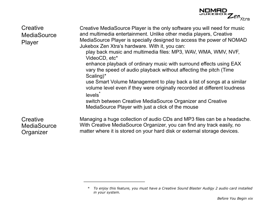 Creative mediasource player, Creative mediasource organizer | CREATIVE NOMAD Zen XTRA User Manual | Page 16 / 106