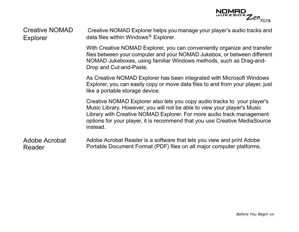 Creative nomad explorer, Adobe acrobat reader | CREATIVE NOMAD Zen XTRA User Manual | Page 17 / 106