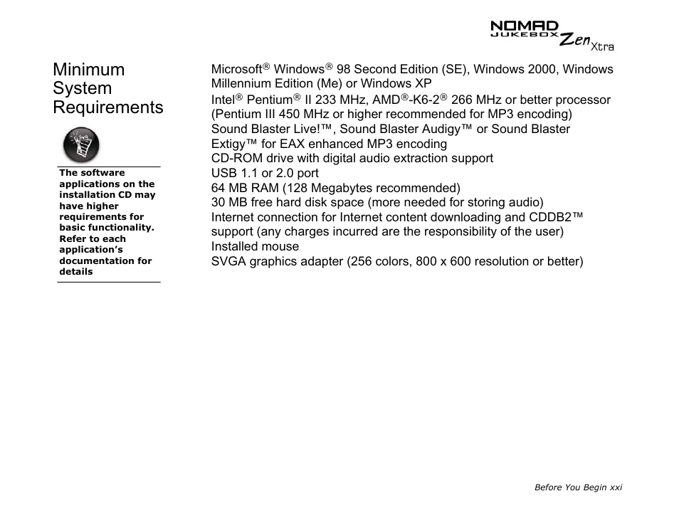 Minimum system requirements | CREATIVE NOMAD Zen XTRA User Manual | Page 18 / 106