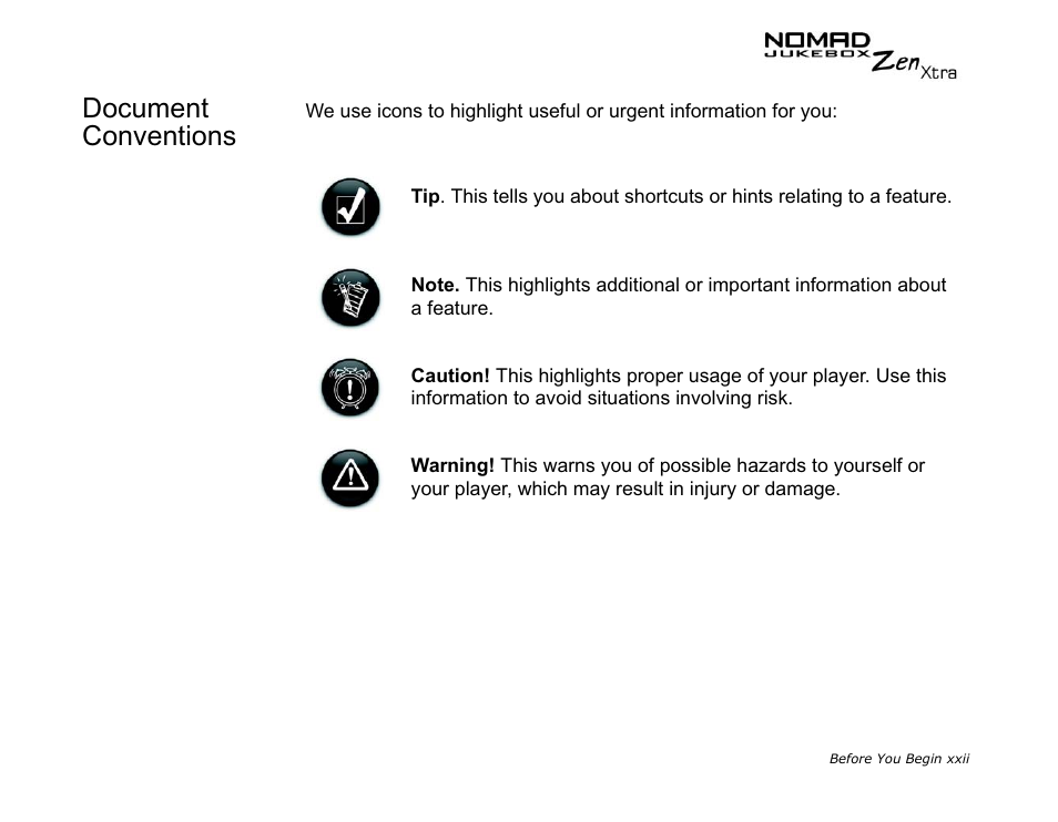 Document conventions | CREATIVE NOMAD Zen XTRA User Manual | Page 19 / 106