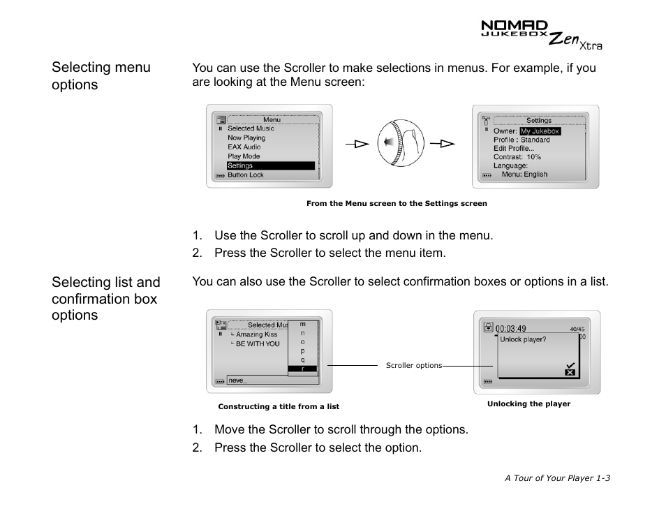 Selecting menu options, Selecting list and confirmation box options | CREATIVE NOMAD Zen XTRA User Manual | Page 26 / 106