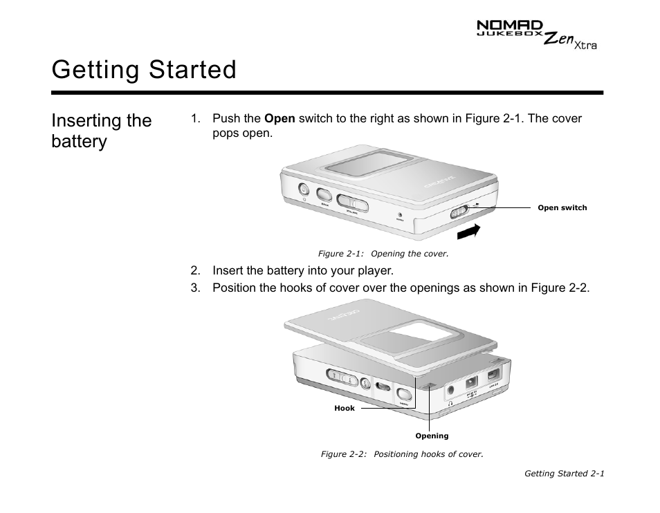 Inserting the battery, Getting started | CREATIVE NOMAD Zen XTRA User Manual | Page 30 / 106