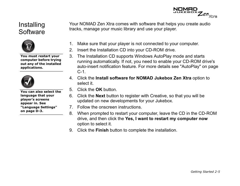 Installing software | CREATIVE NOMAD Zen XTRA User Manual | Page 34 / 106