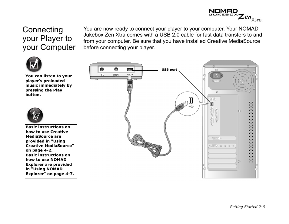 Connecting your player to your computer | CREATIVE NOMAD Zen XTRA User Manual | Page 35 / 106