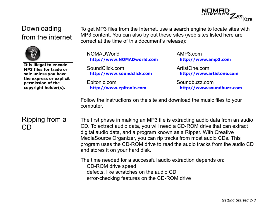 Downloading from the internet, Ripping from a cd | CREATIVE NOMAD Zen XTRA User Manual | Page 37 / 106