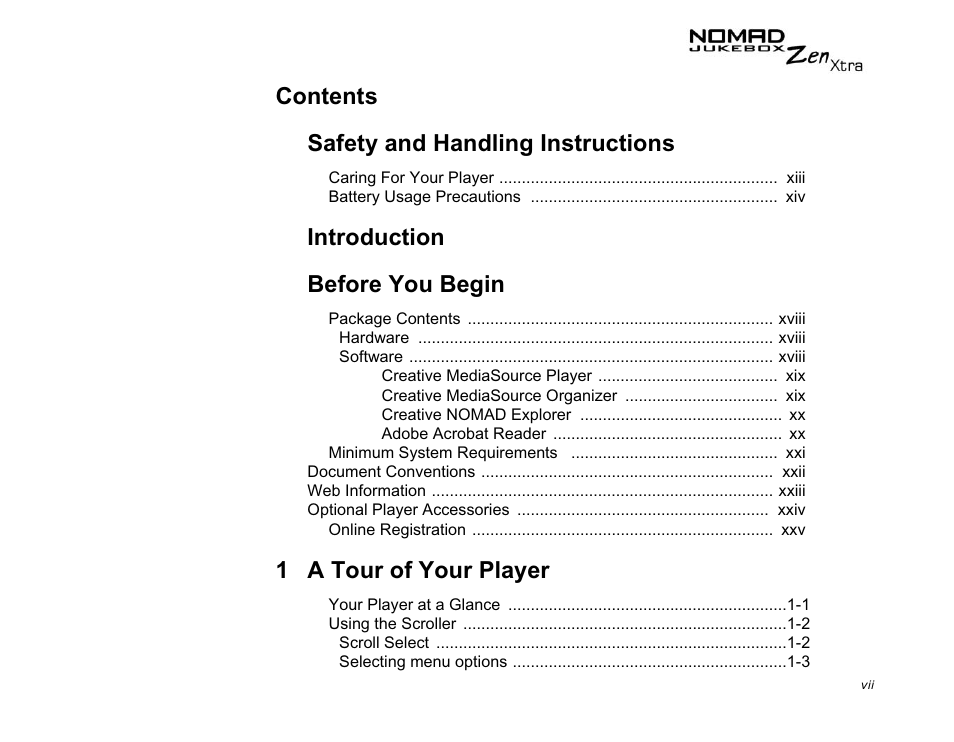 Contents safety and handling instructions, Introduction before you begin, 1 a tour of your player | CREATIVE NOMAD Zen XTRA User Manual | Page 4 / 106