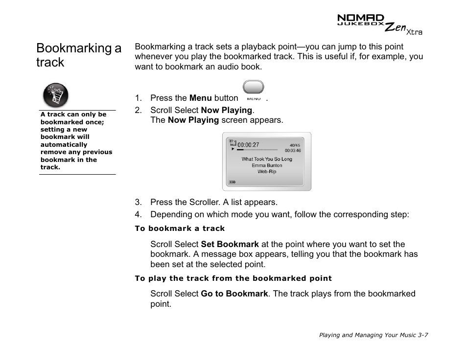 Bookmarking a track | CREATIVE NOMAD Zen XTRA User Manual | Page 46 / 106