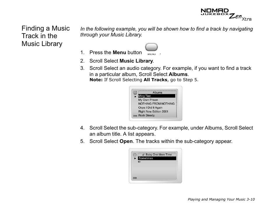 Finding a music track in the music library | CREATIVE NOMAD Zen XTRA User Manual | Page 49 / 106
