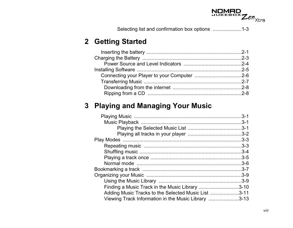 2 getting started, 3 playing and managing your music | CREATIVE NOMAD Zen XTRA User Manual | Page 5 / 106