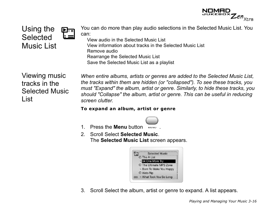 Using the selected music list, Viewing music tracks in the selected music list | CREATIVE NOMAD Zen XTRA User Manual | Page 55 / 106