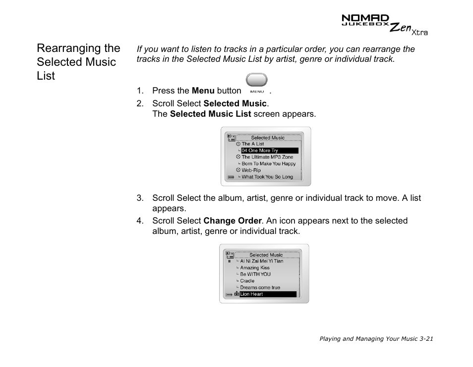 Rearranging the selected music list | CREATIVE NOMAD Zen XTRA User Manual | Page 60 / 106