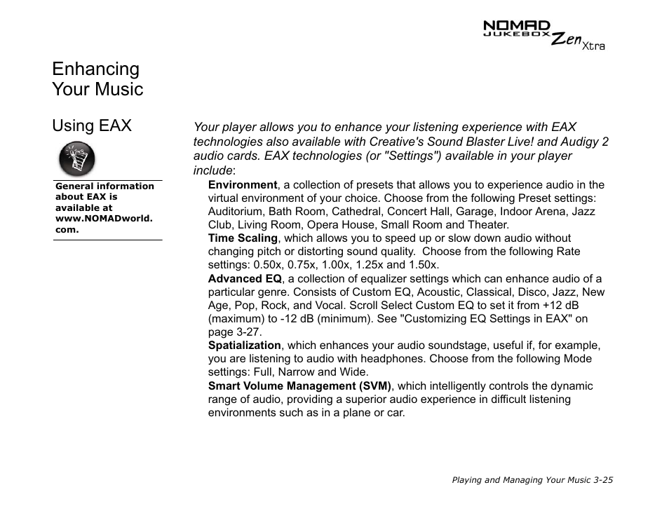 Enhancing your music, Using eax | CREATIVE NOMAD Zen XTRA User Manual | Page 64 / 106
