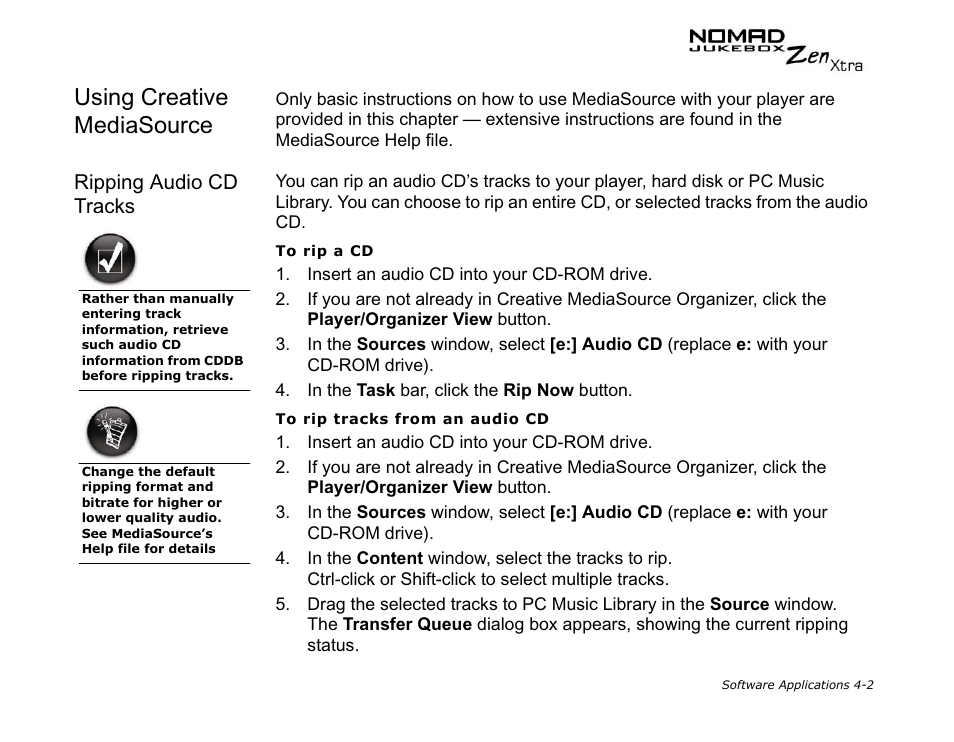 Using creative mediasource, Ripping audio cd tracks | CREATIVE NOMAD Zen XTRA User Manual | Page 70 / 106