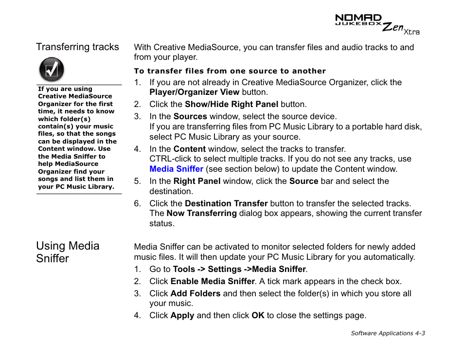 Transferring tracks, Using media sniffer | CREATIVE NOMAD Zen XTRA User Manual | Page 71 / 106