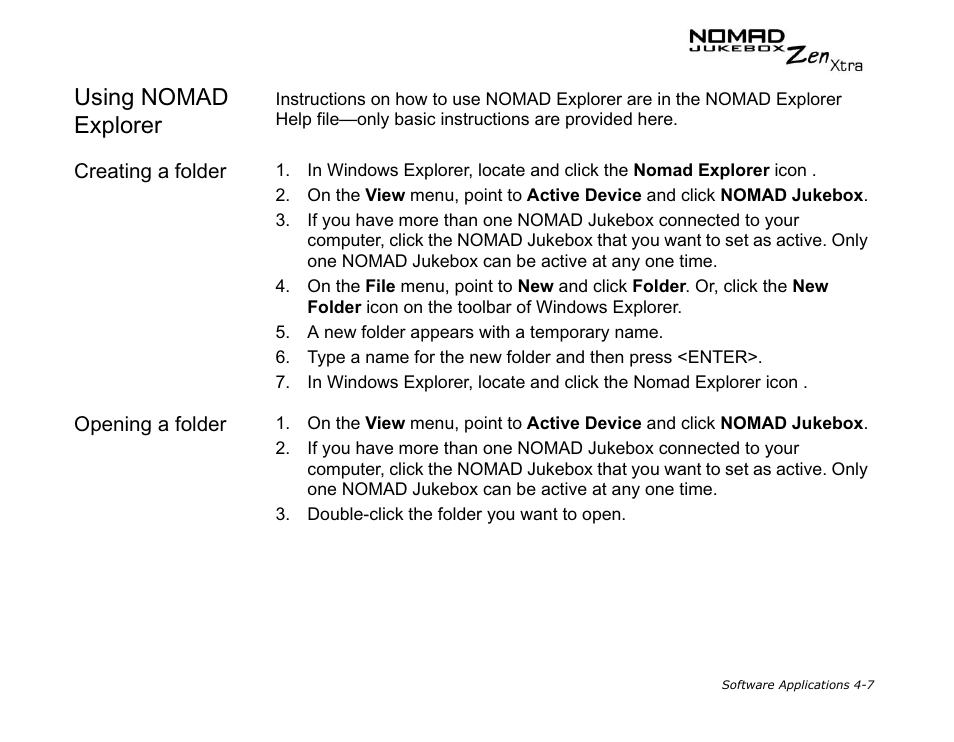 Using nomad explorer, Creating a folder, Opening a folder | CREATIVE NOMAD Zen XTRA User Manual | Page 75 / 106
