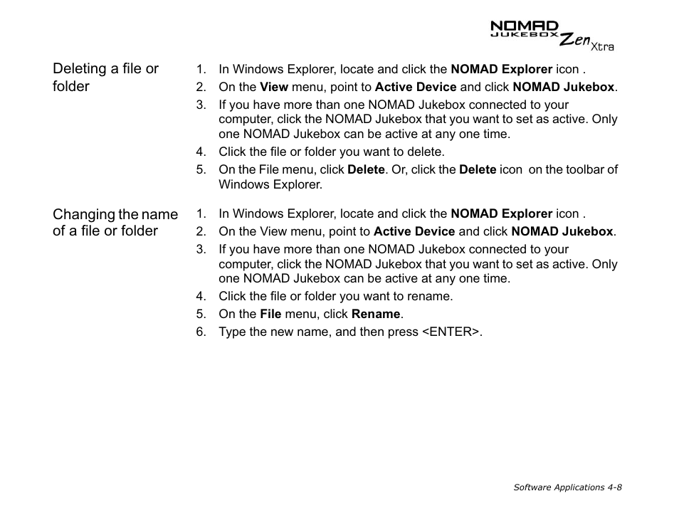 Deleting a file or folder, Changing the name of a file or folder | CREATIVE NOMAD Zen XTRA User Manual | Page 76 / 106