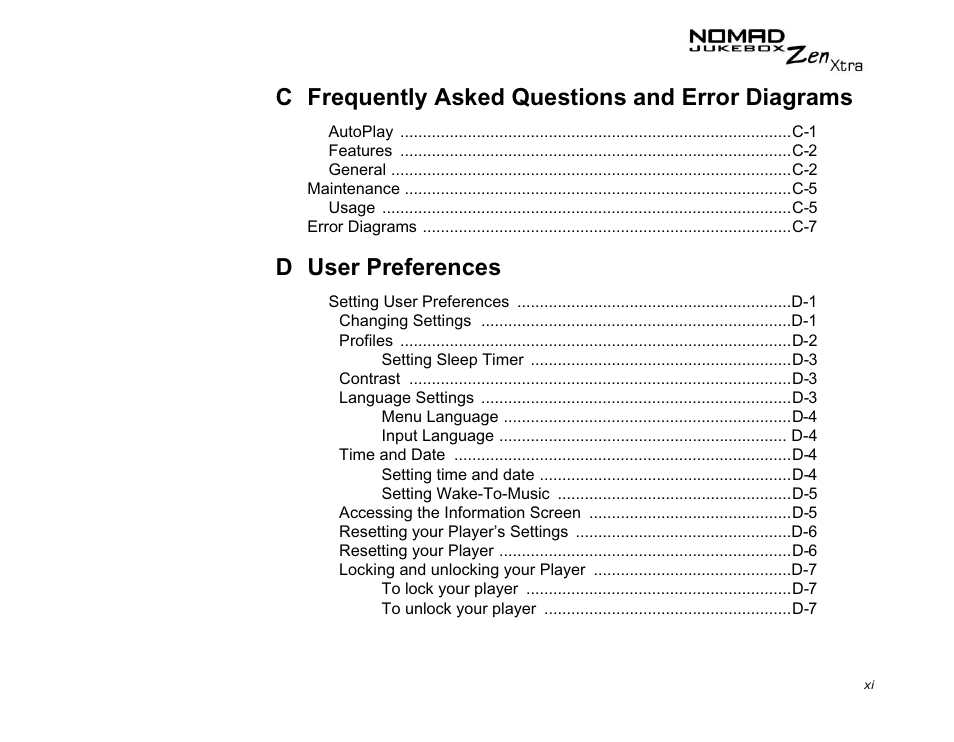 C frequently asked questions and error diagrams, D user preferences | CREATIVE NOMAD Zen XTRA User Manual | Page 8 / 106