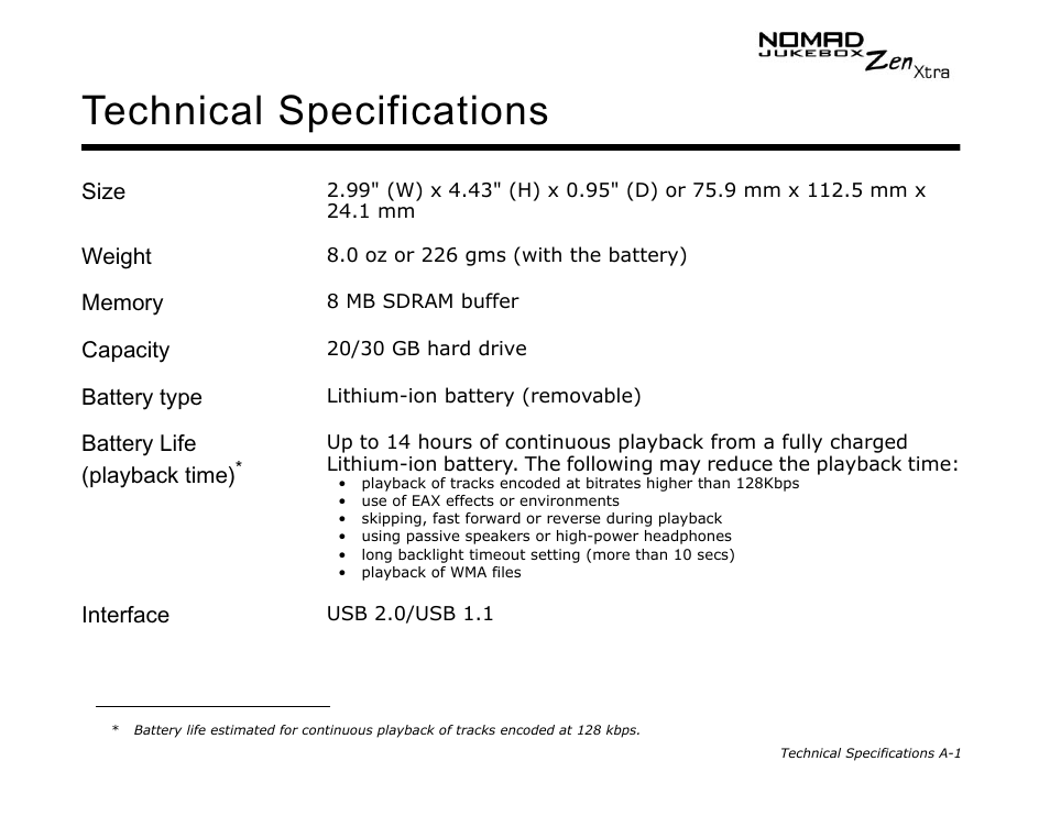Size, Weight, Memory | Capacity, Battery type, Battery life (playback time), Interface, Technical specifications | CREATIVE NOMAD Zen XTRA User Manual | Page 80 / 106