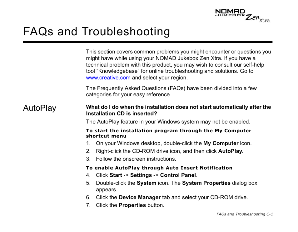 Autoplay, Faqs and troubleshooting | CREATIVE NOMAD Zen XTRA User Manual | Page 91 / 106